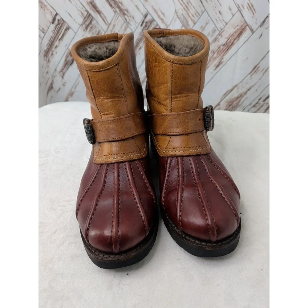 Frye Veronica Duck Engineer Shearling Lined Mid Shaft Boot Black Brown 6.5 Warm